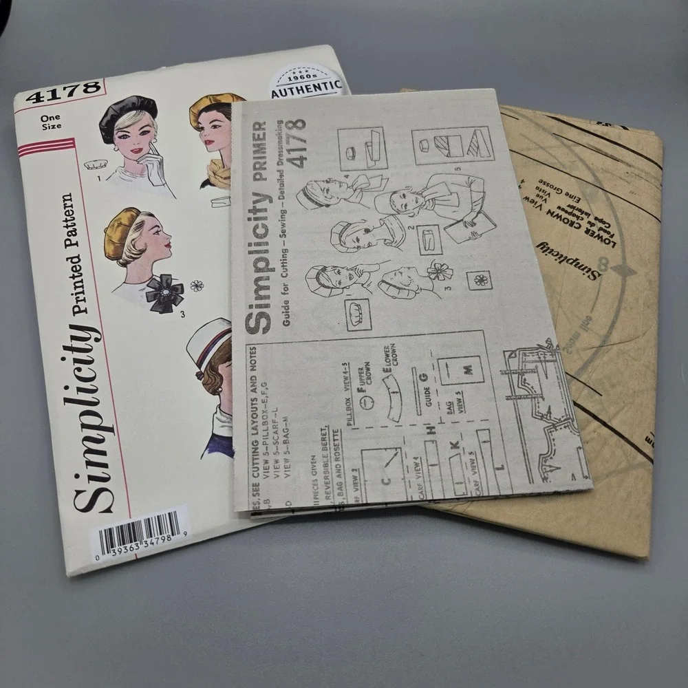 Simplicity 4178 1960s Retro Pillbox Hat Beret Scarf Bag Sewing Pattern OS